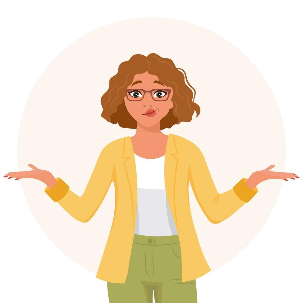 A woman with glasses with an expression of bewilderment, doubt raised her hands. Emotions and gestures. Flat style illustration, vector