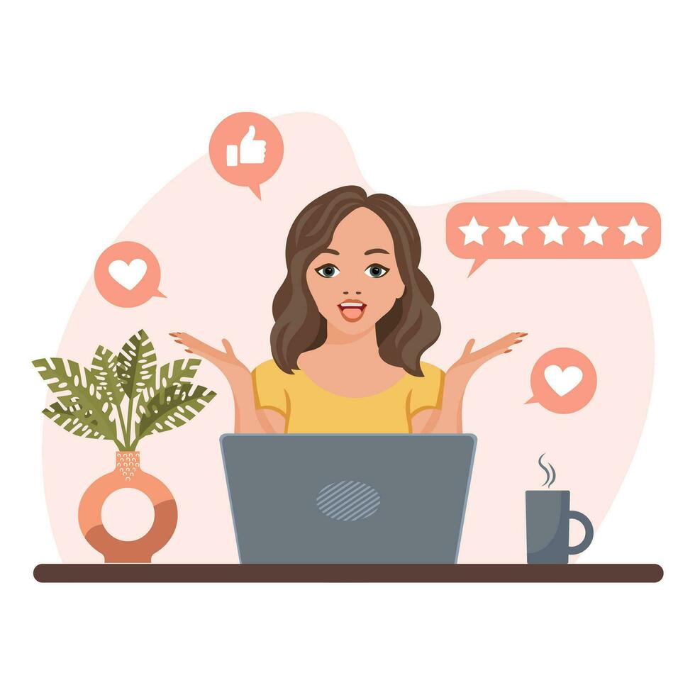 un mujer con un ordenador portátil obtiene gustos, comentarios, reseñas, comentario. bloguero, persona de libre dedicación. ilustración, acortar arte, vector