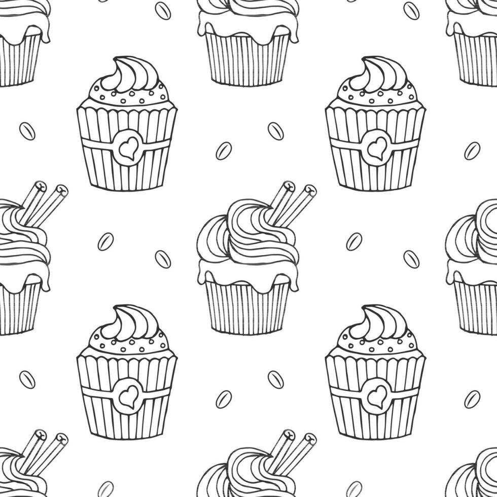 Seamless pattern, hand drawn outline cupcakes and coffee beans. Print, cafe menu background, vector