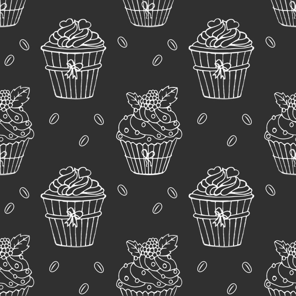 Seamless pattern, hand drawn outline cupcakes and coffee beans. Print, cafe menu background, vector