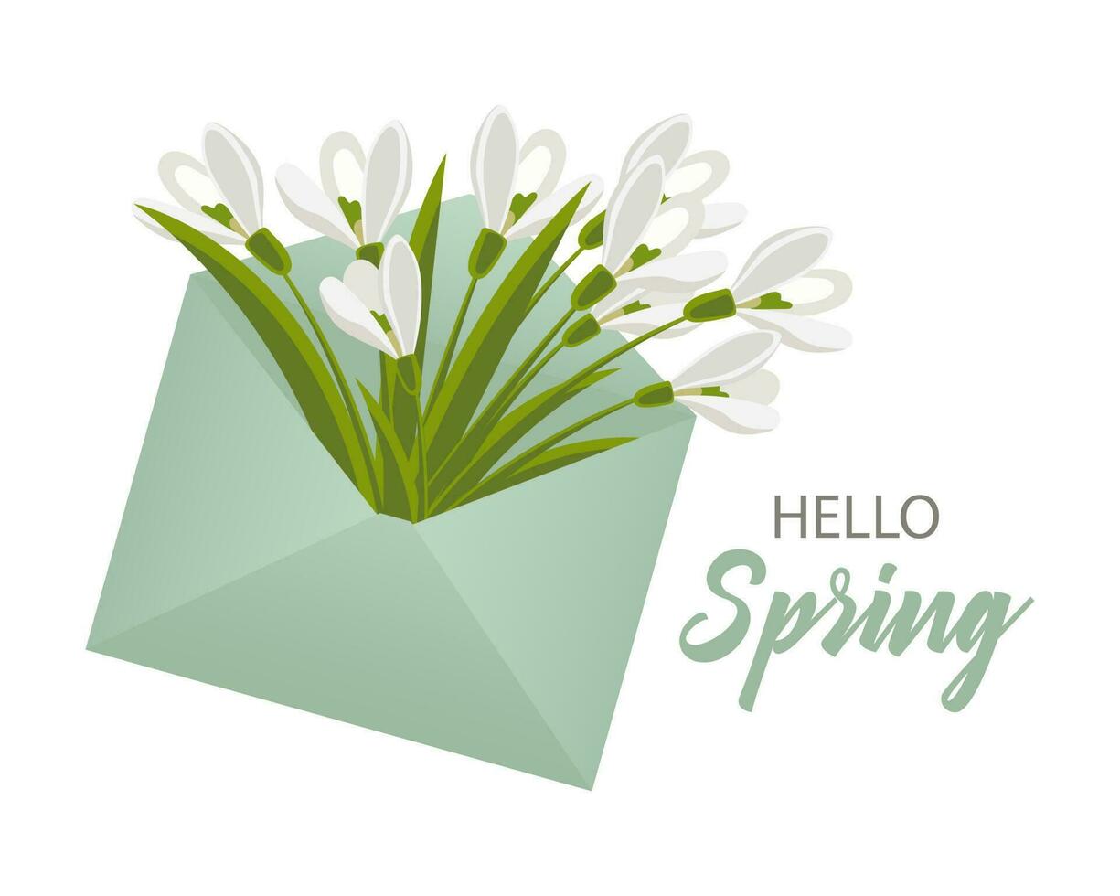 Romantic envelope with snowdrop flowers, gift. Spring illustration, mother's day greeting card, vector