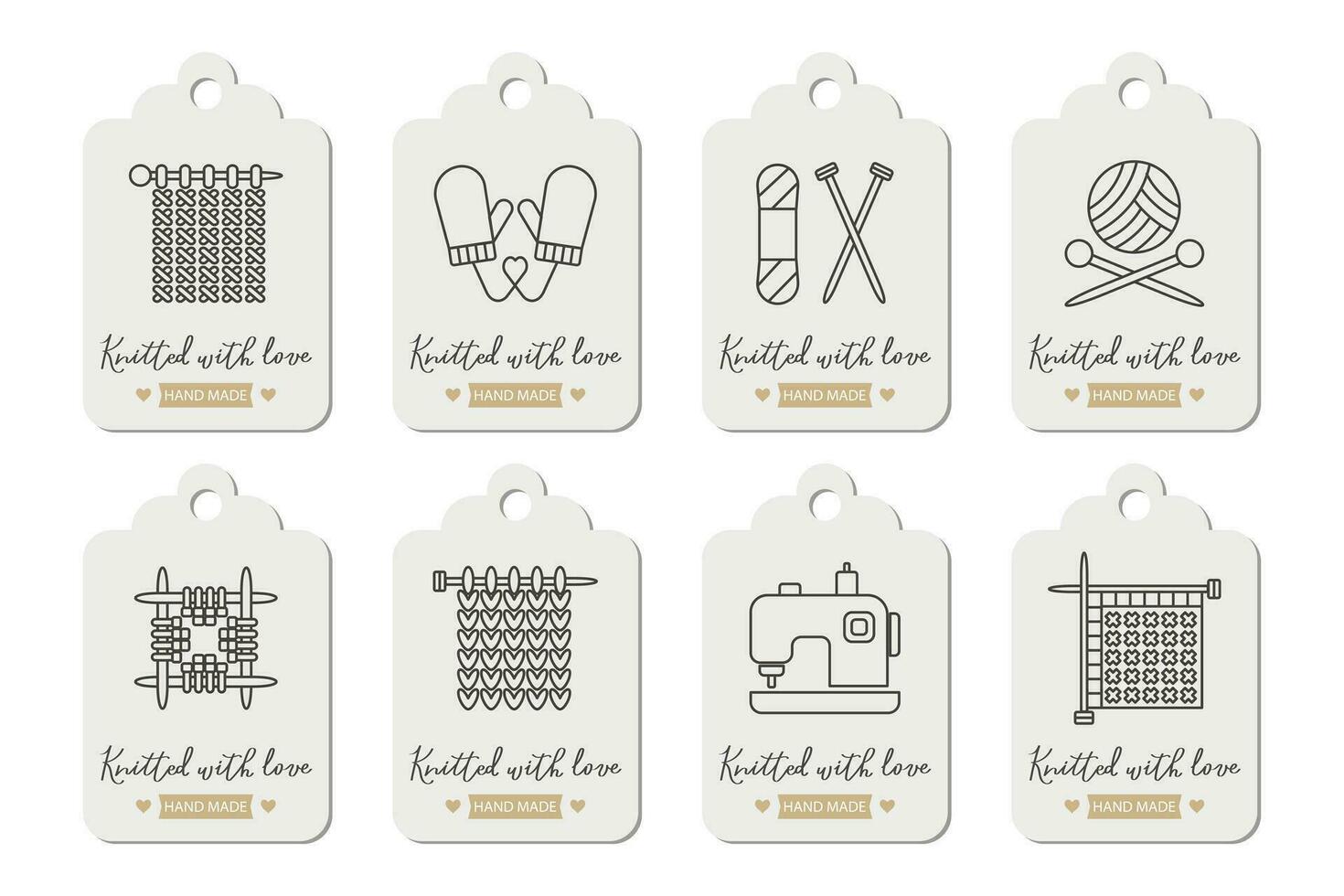 Set of labels Knitting. knitting needles with skeins of yarn and lettering Knitted with love. Hobby icons, logo, vector