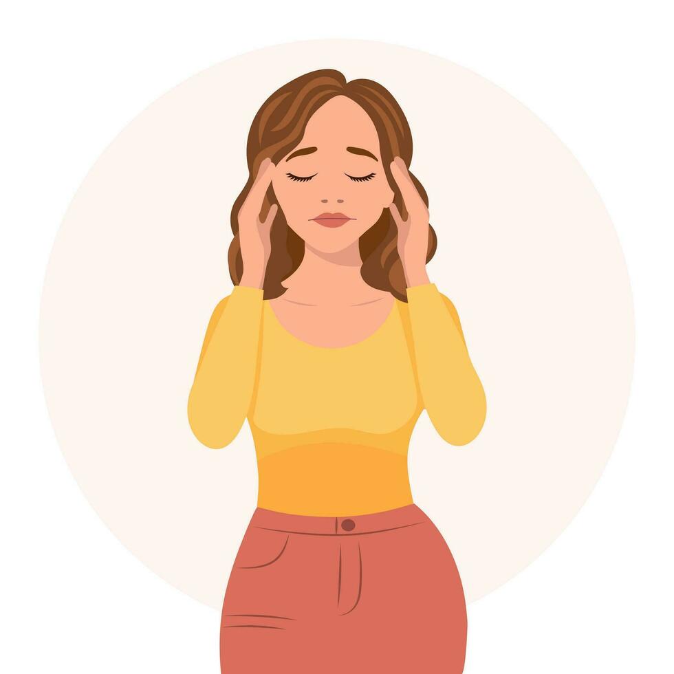 hermosa mujer con un dolor de cabeza, migraña. el concepto de medicina y cuidado de la salud. plano ilustración, vector