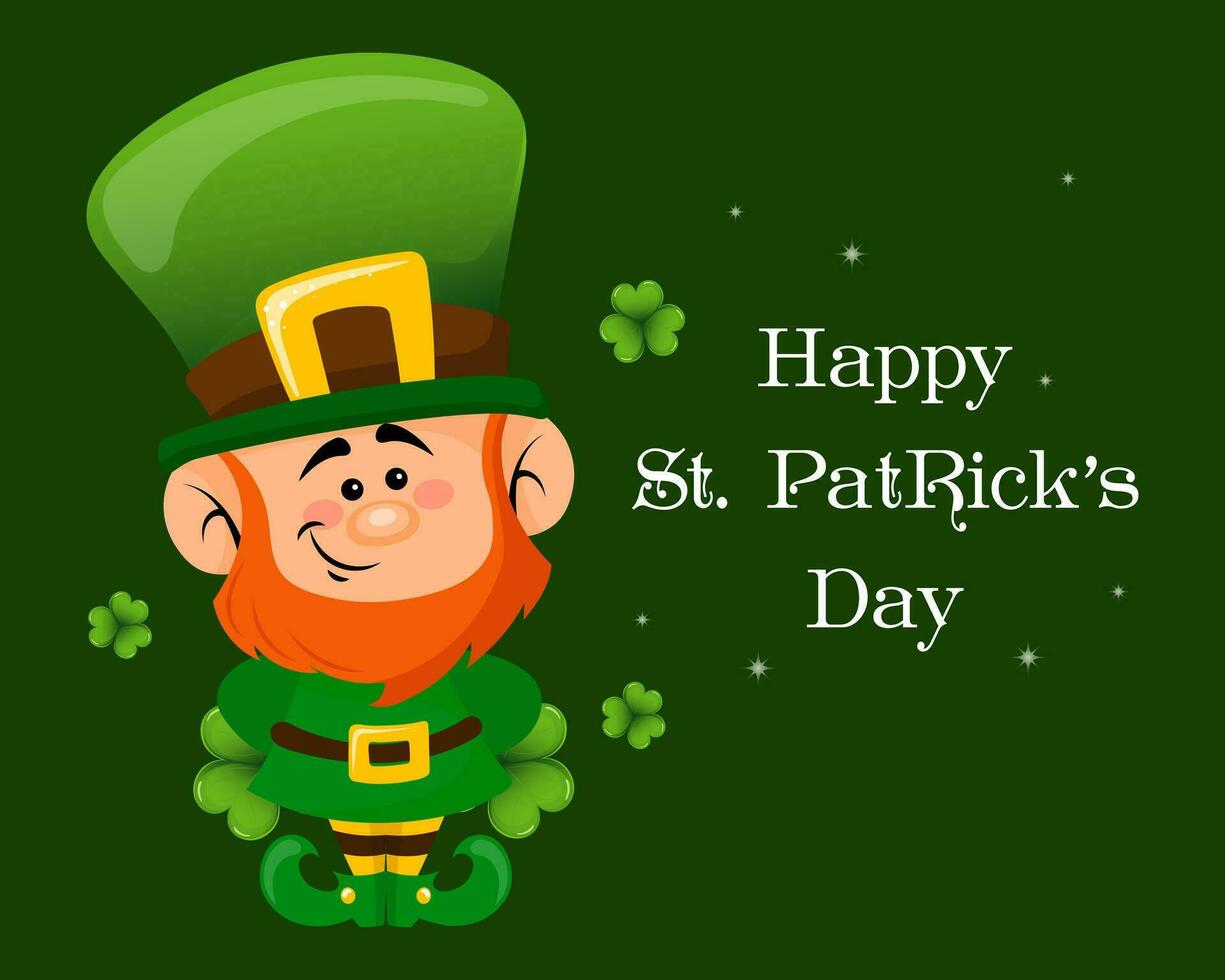 St. Patrick's Day, cute leprechaun with shamrock leaves and greeting text. Illustration, postcard, banner, vector