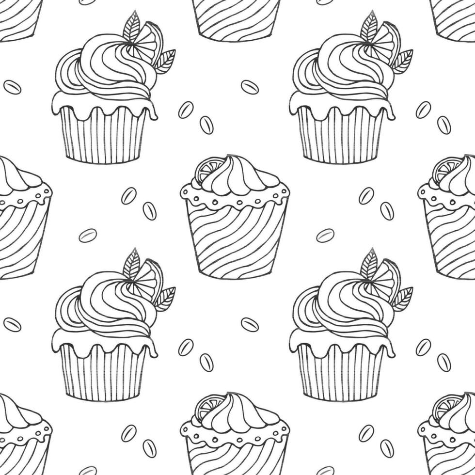 Seamless pattern, hand drawn outline cupcakes and coffee beans. Print, cafe menu background, vector