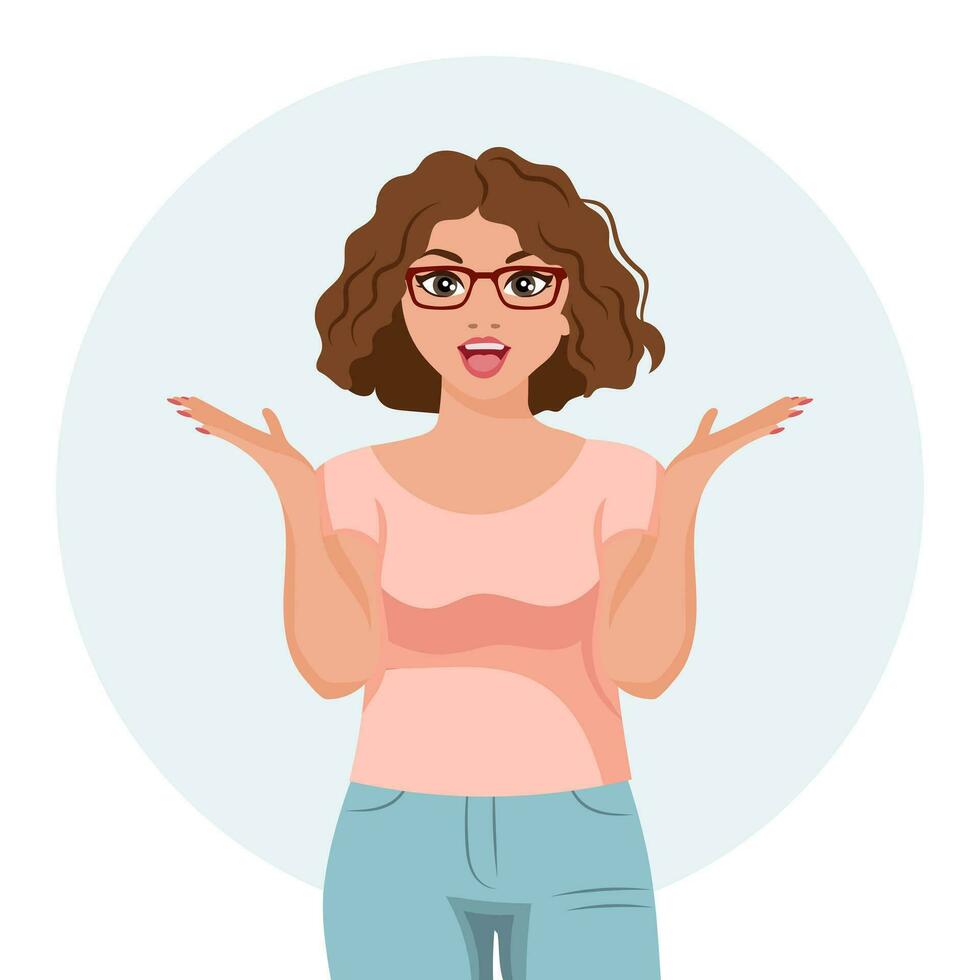 A woman with glasses raised her hands with a surprised expression. Emotions and gestures. Flat style illustration, vector