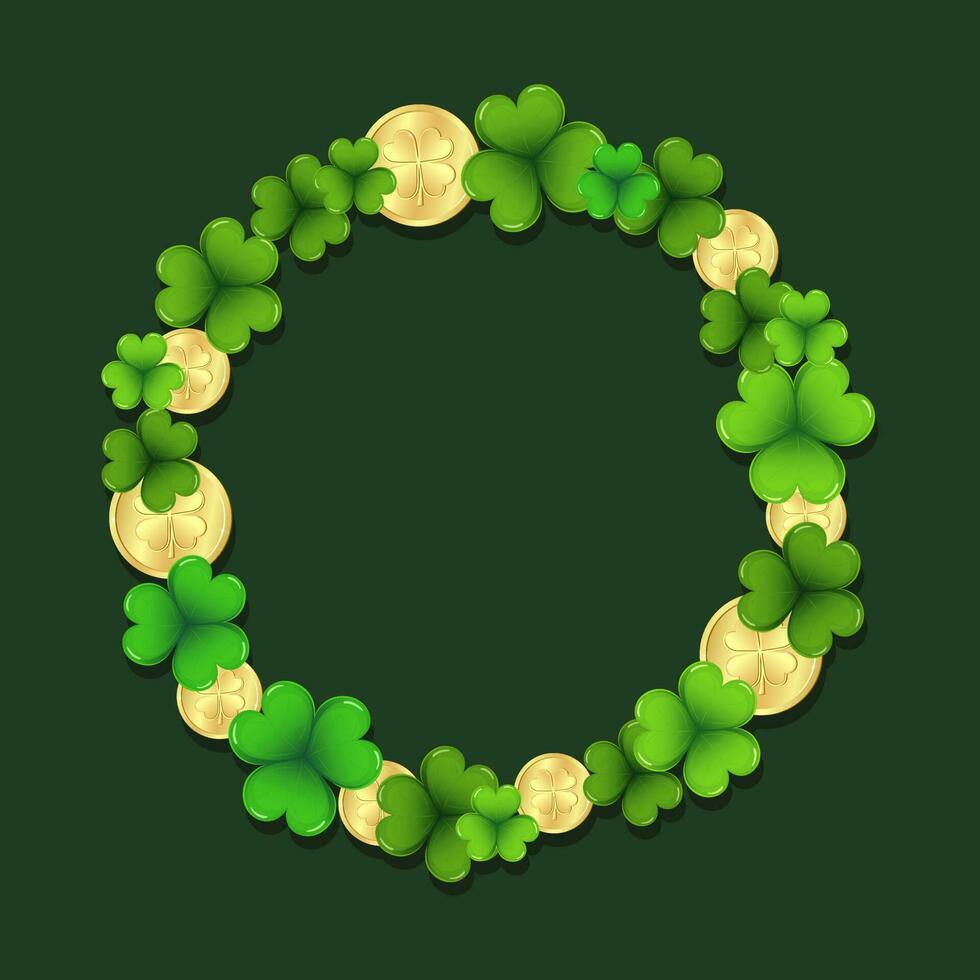St. Patrick's Day, elegant round frame with shamrock leaves and gold coins isolated on white background. Postcard, banner, poster, vector