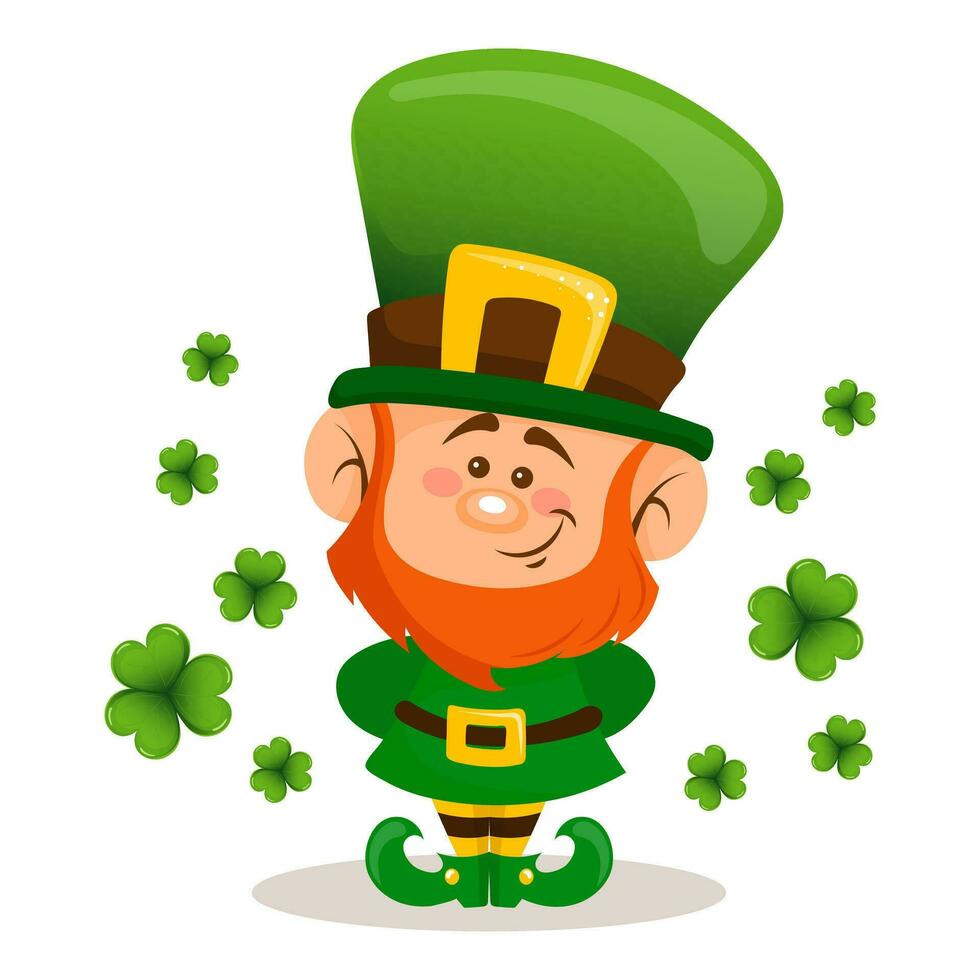 St. Patrick's Day, cute leprechaun with shamrock leaves. Illustration, postcard, banner, vector