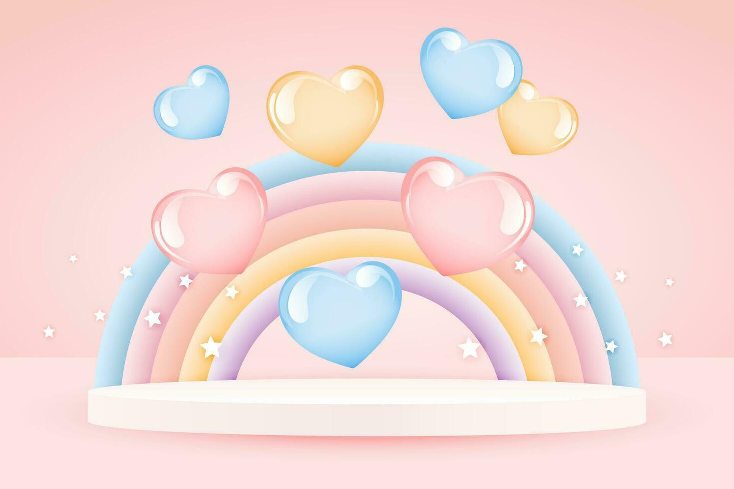 3d baby shower, rainbow and podium with balloons and stars on a pale pink background, childish design in pastel colors. Background, backdrop illustration, vector