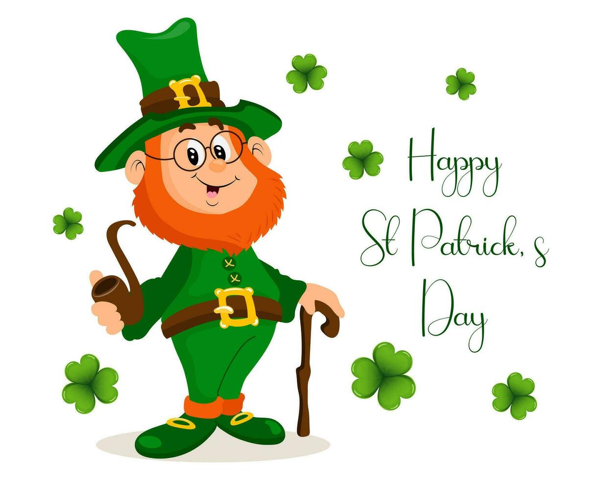 St. Patrick's Day, cute leprechaun with smoking pipe, shamrock leaves and congratulatory text. Illustration, postcard, banner, vector