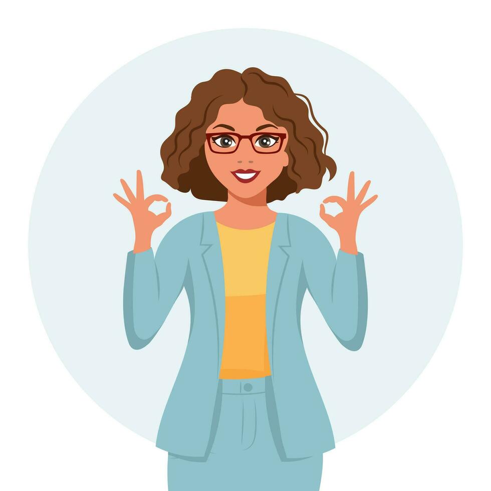 mujer con alegre expresión muestra mano OK, gesto. el concepto de humano emociones plano estilo ilustración, vector