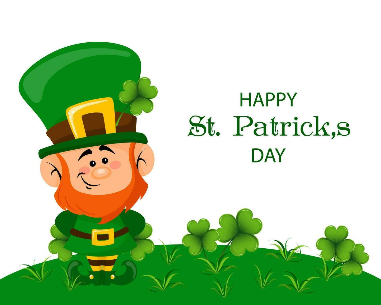 St. Patrick's Day, cute leprechaun with shamrock leaves and greeting text. Illustration, postcard, banner, vector