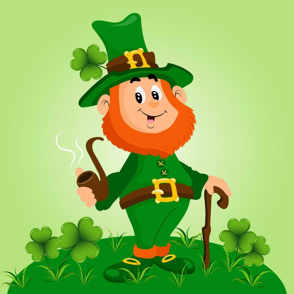 S t. día de patrick, duende lindo con una pipa humeante en un prado verde con trébol. ilustración, tarjeta de felicitación, vector