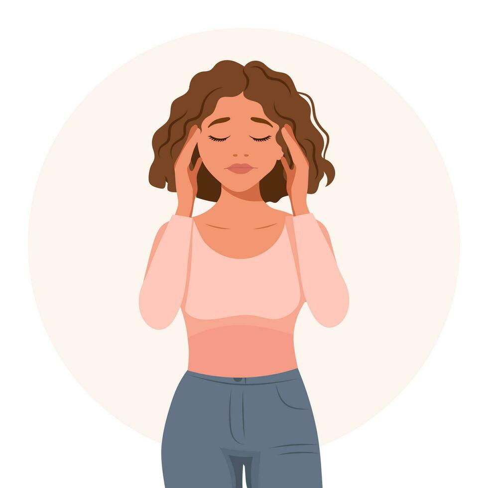 Beautiful woman with a headache, migraine. The concept of medicine and healthcare. Flat illustration, vector