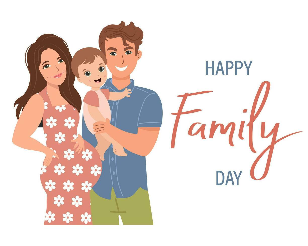 Happy Family Day. Cute family, parents with children and lettering. Poster, banner, greeting card. Illustration, vector