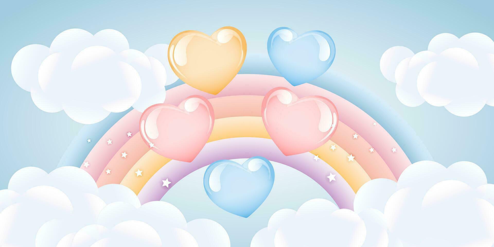 3d baby shower, rainbow with clouds and balloons on the starry sky, children's design in pastel colors. Background, illustration, vector. vector