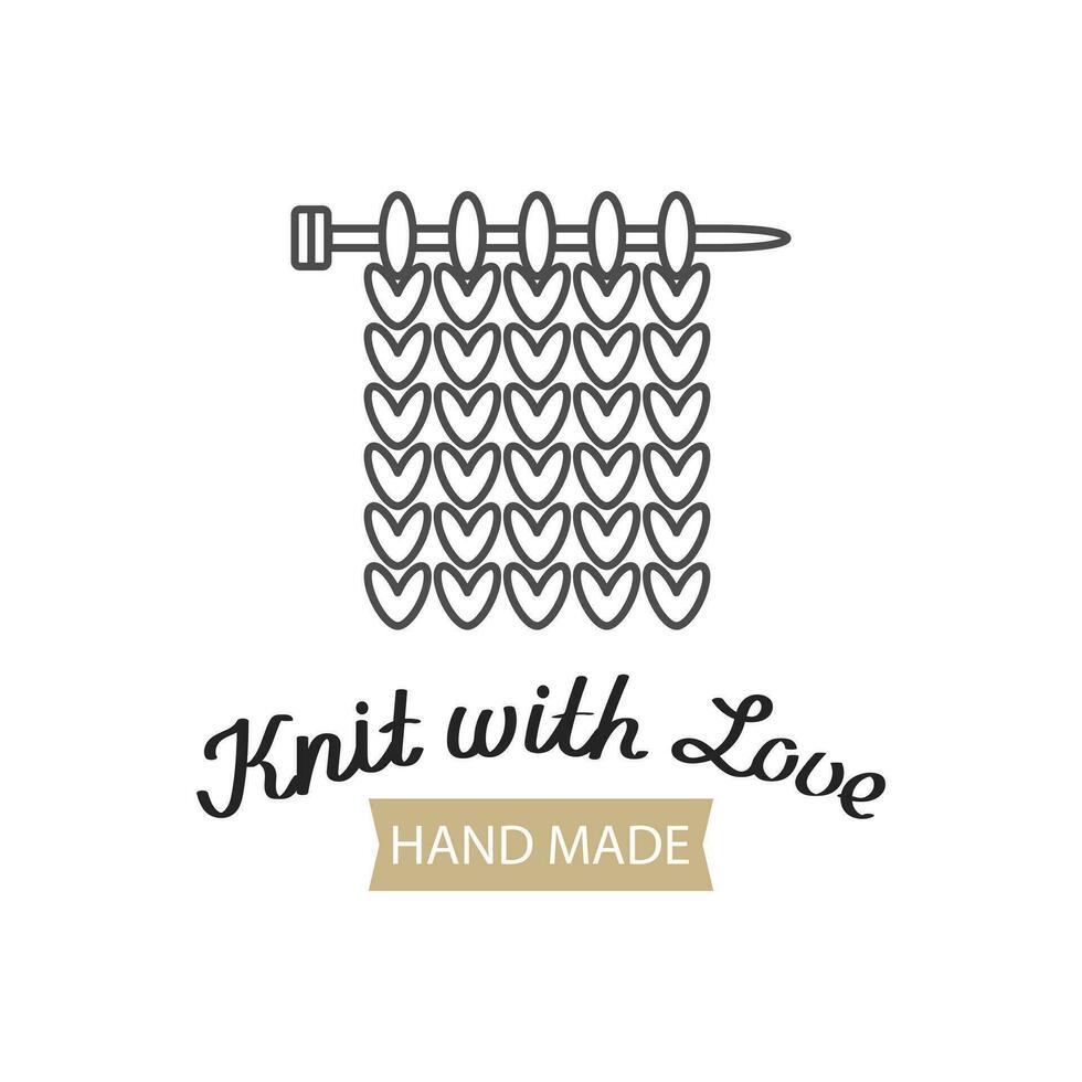 Knit with love lettering and knitting needles with a knitted fabric. Hobby icon, logo, vector