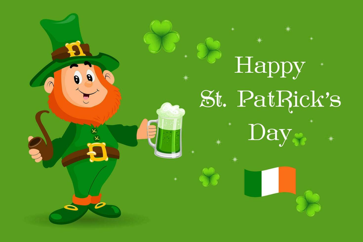 St. Patrick's Day illustration, Cute leprechaun with beer mug and smoking pipe. Postcard, holiday banner, vector