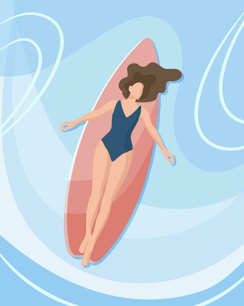 Surfer girl. A woman lies on a surfboard at the sea. The concept of active recreation. Illustration, poster, vector