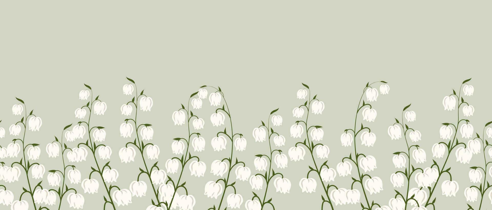 Border, spring flowers lilies of the valley. Spring background with copy space. Illustration, vector