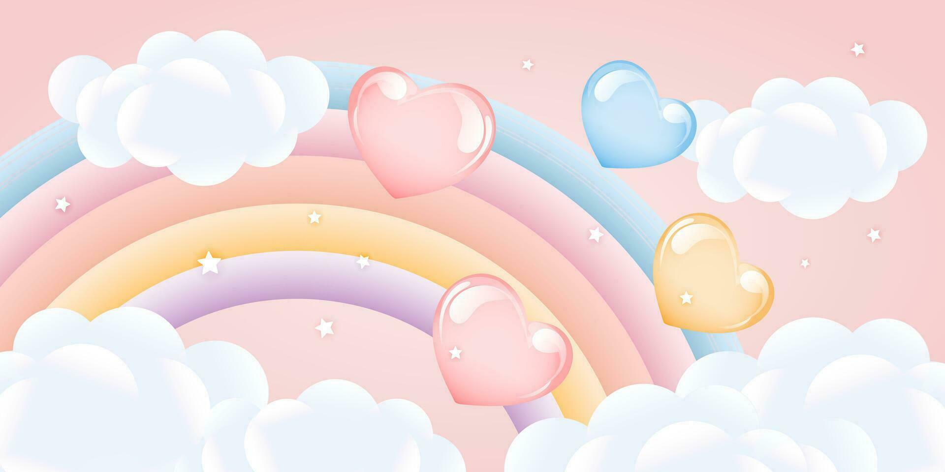 3d baby shower, rainbow with clouds and balloons on the starry sky, children's design in pastel colors. Background, illustration, vector. vector