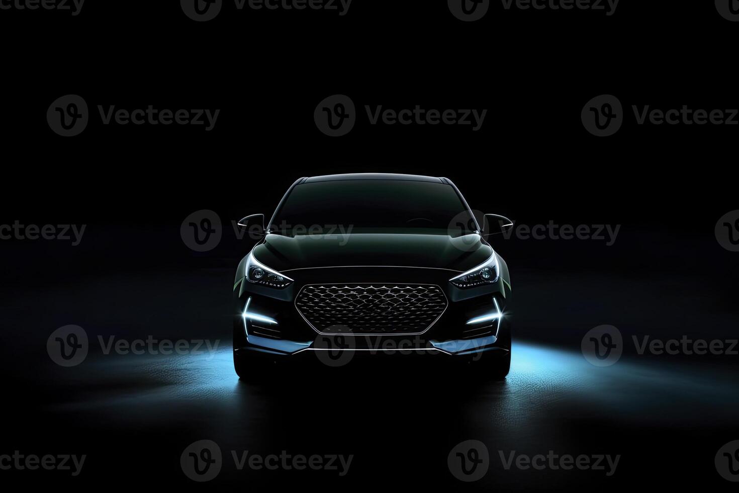 Black car with lighted lights on black background. photo