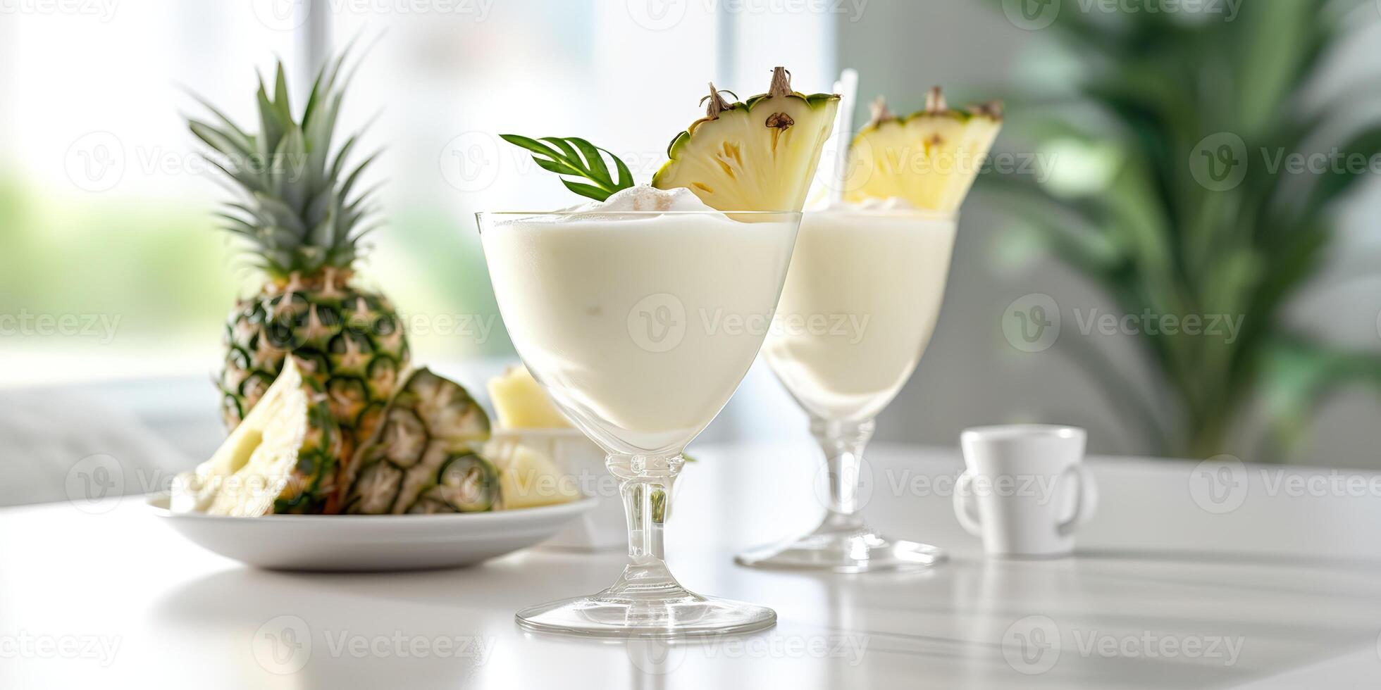 . . Vacation vibe Tropical summer exotic traditional cocktail alcohol pina colada. Milk coconut pineapple beverage. Graphic Art photo