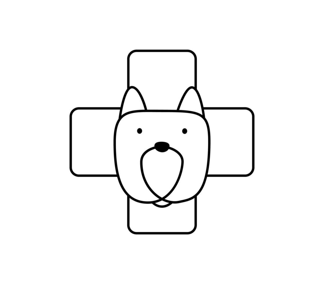 Veterinarian clinic. dog and cross monoline logo vector icon. Vet hospital for animals. Dogs or cats treatment. Kitty and puppy on veterinary reception desk. Medicine for pets