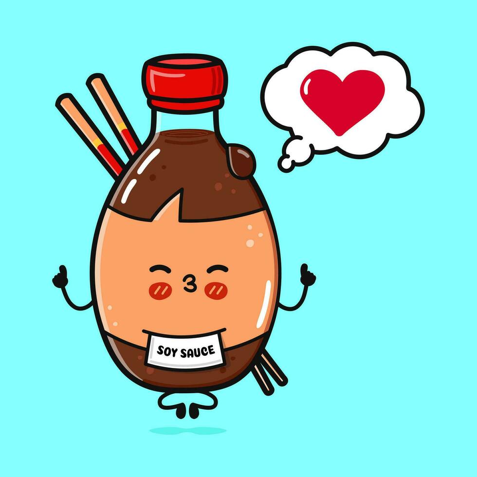 Cute funny Bottle of soy sauce doing yoga with speech bubble. Vector hand drawn cartoon kawaii character illustration icon. Isolated on blue background. Bottle of soy sauce in love character concept