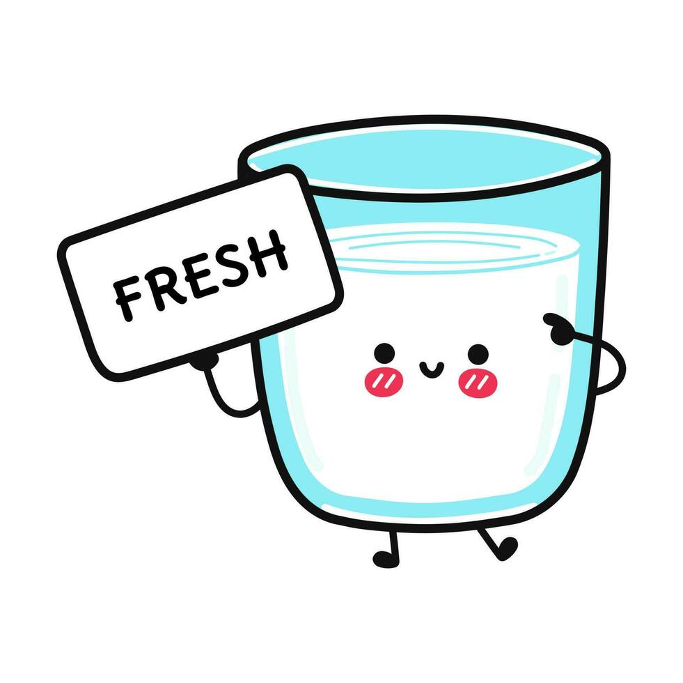 Cute funny Glass of milk poster Fresh character. Vector hand drawn cartoon kawaii character illustration. Isolated white background. Glass of milk poster with inscription Fresh