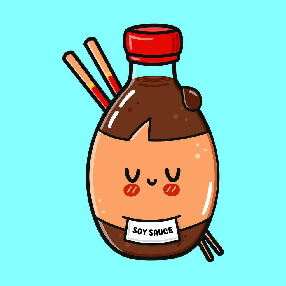 Bottle of soy sauce. Vector hand drawn cartoon kawaii character illustration icon. Isolated on blue background. Bottle of soy sauce character concept