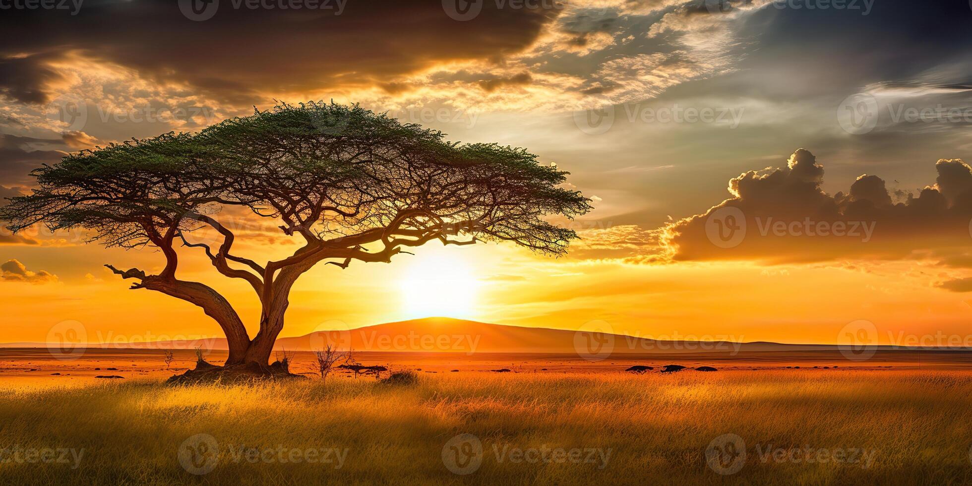 . . Photo realistic illustration of sunset tree of life outdoor scene. Graphic Art