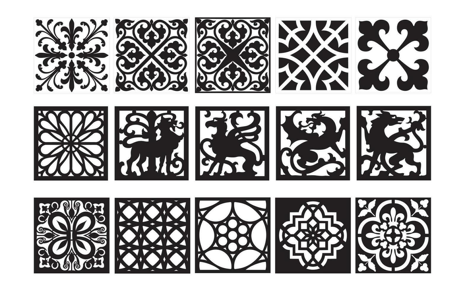 Decorative black patterns with white background, geometric, islamic and floral template for cnc laser cutting vector