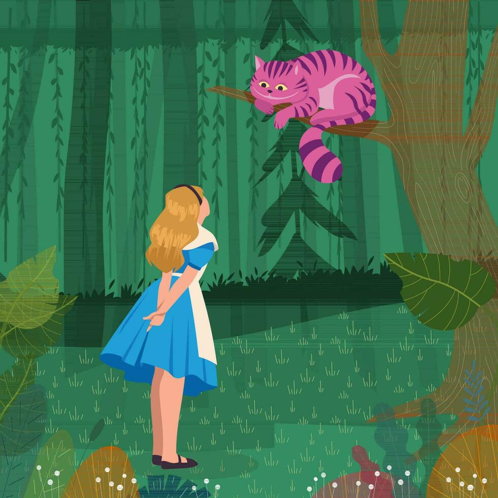 Girl Meet a Cat in the Forest vector
