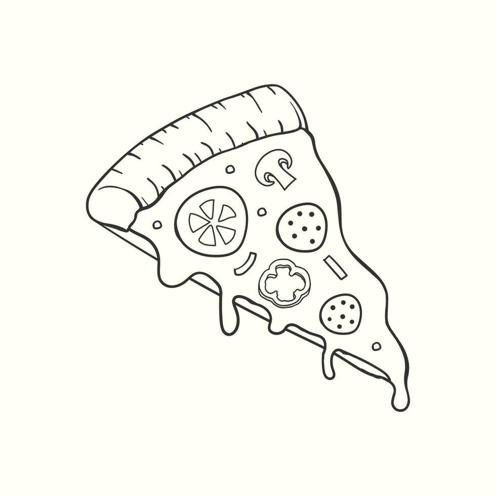 Cute hand drawn pizza slice vector illustration with melted cheese and salad