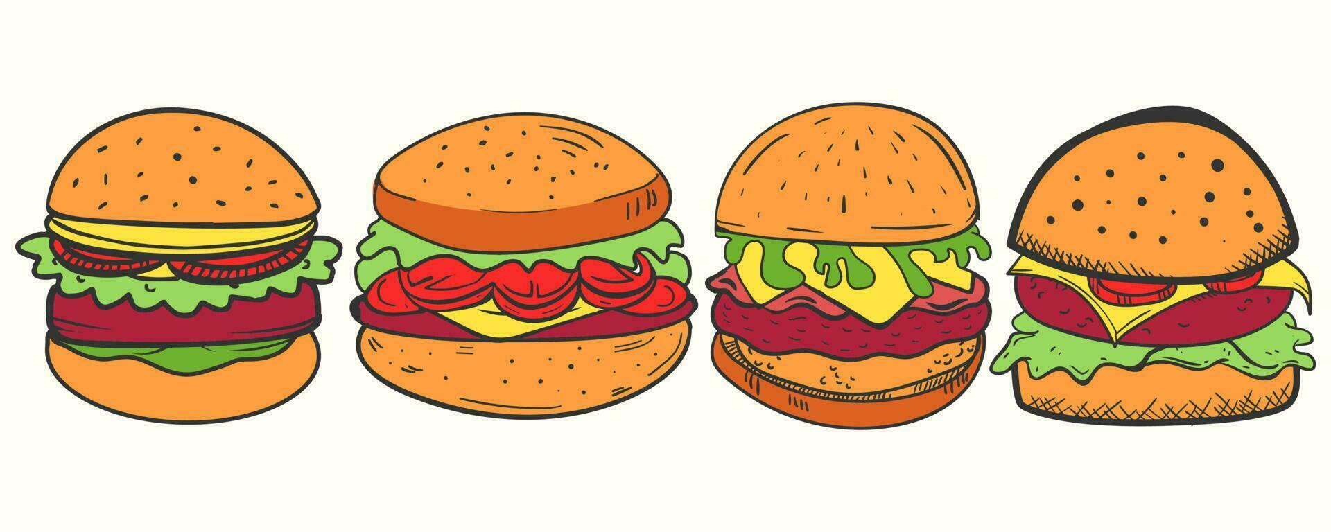 Cute hand-drawn burger icon illustration set in cartoon style vector