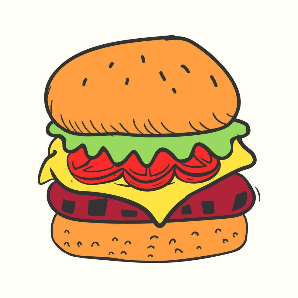 dibujado a mano hamburguesa ilustración con tomate queso carne y ensalada en bosquejo Clásico estilo vector