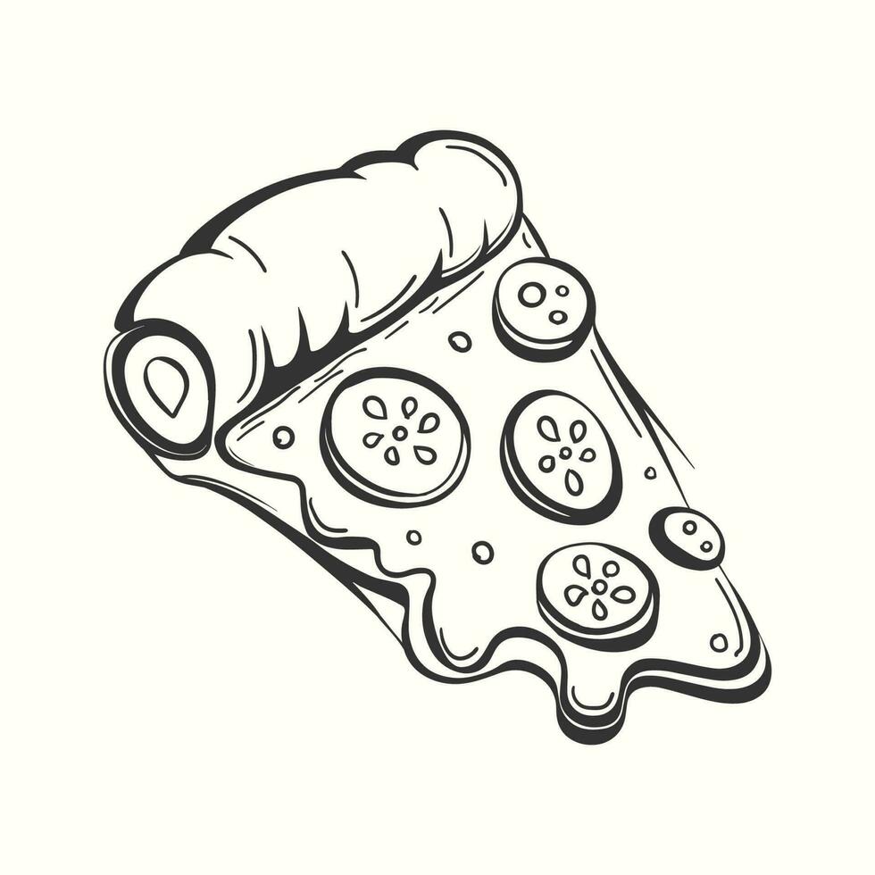 Pizza slice with melting cheese doodle food illustration vector