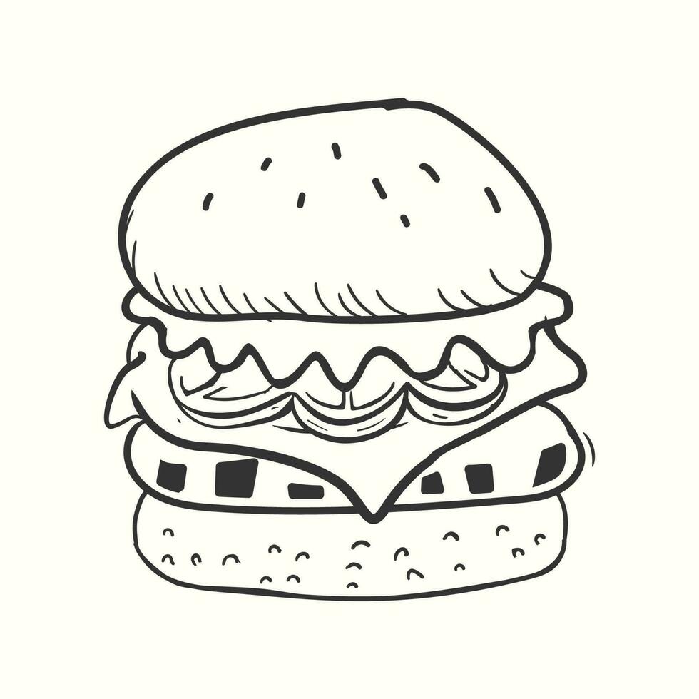 Hand-drawn burger with tomato cheese meat and salad in sketch vintage style vector
