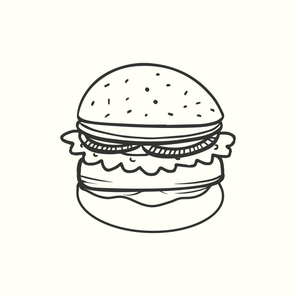 Cute hand-drawn burger with tomato salad and meat. Burger illustration vector
