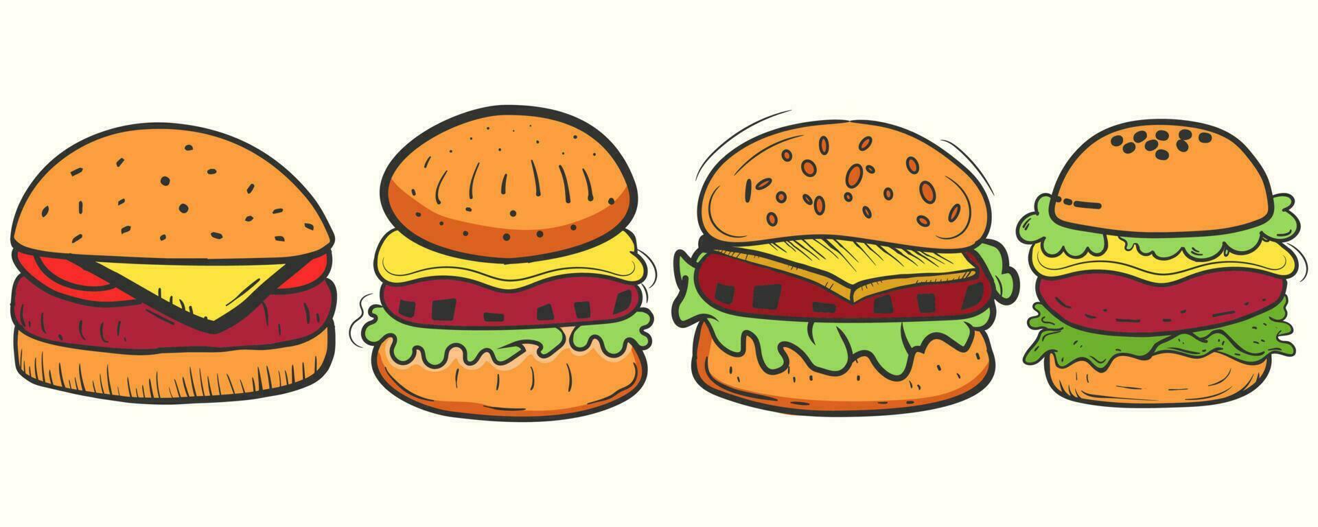 linda dibujado a mano hamburguesa icono ilustración conjunto en dibujos animados estilo vector