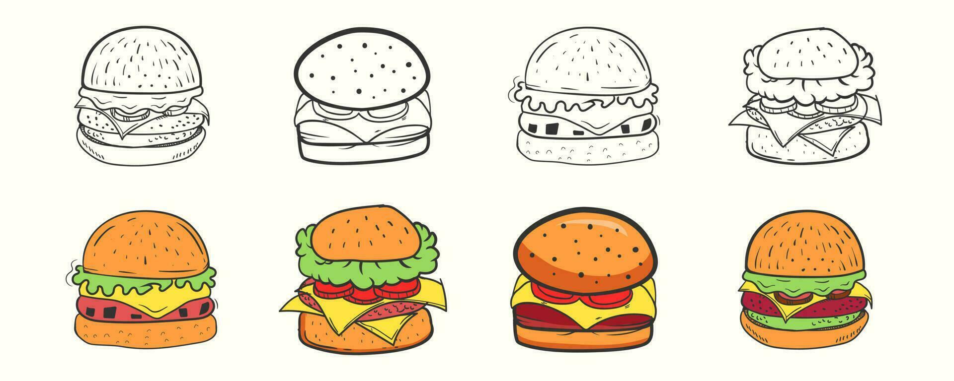 Hand drawn cartoon styled burgers vector illustration set