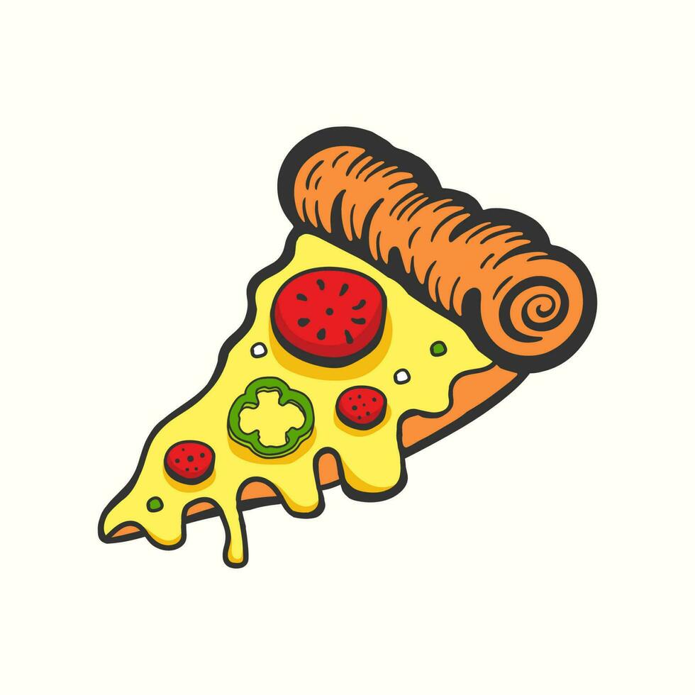 Vector illustration of a slice of pizza with melted cheese and tomato in cartoon style.
