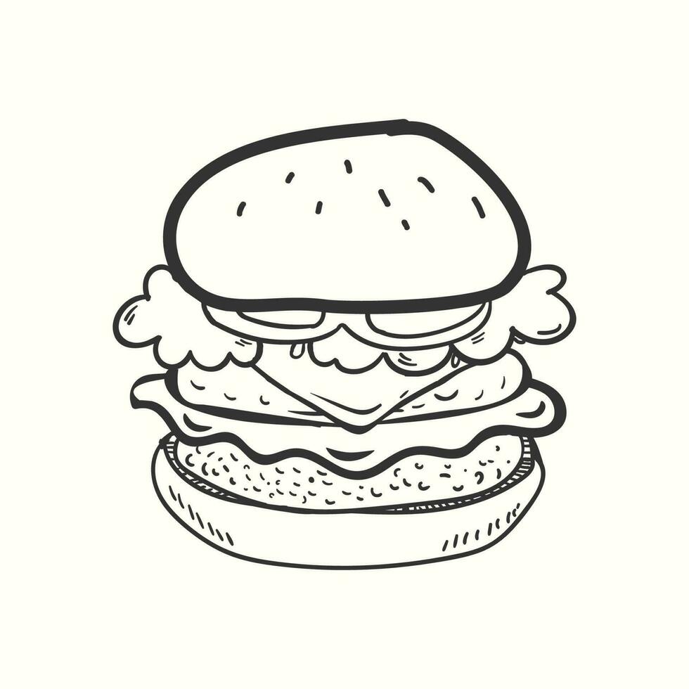 A big hand-drawn burger illustration with meat, salad and cheese vector