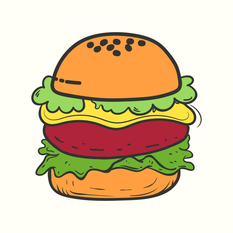 A big hand-drawn burger illustration with meat, salad and cheese vector