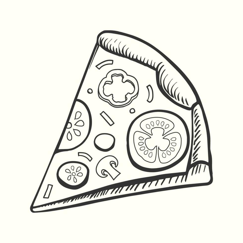Hand drawn outline pizza slice illustration with tomato and salad on ton in cartton style vector