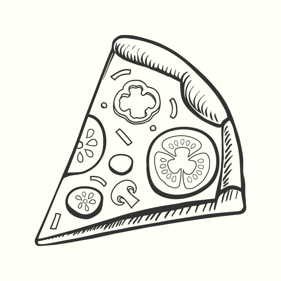 mano dibujado contorno Pizza rebanada ilustración con tomate y ensalada en tonelada en Cartton estilo vector