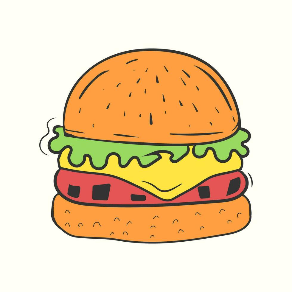 Burger illustration with salad cheese and met in hand-drawn style vector
