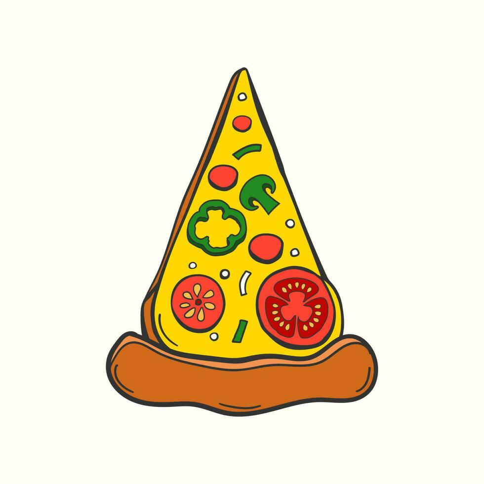 Hand drawn pizza slice icon illustration with dripping cheese. food illustration vector