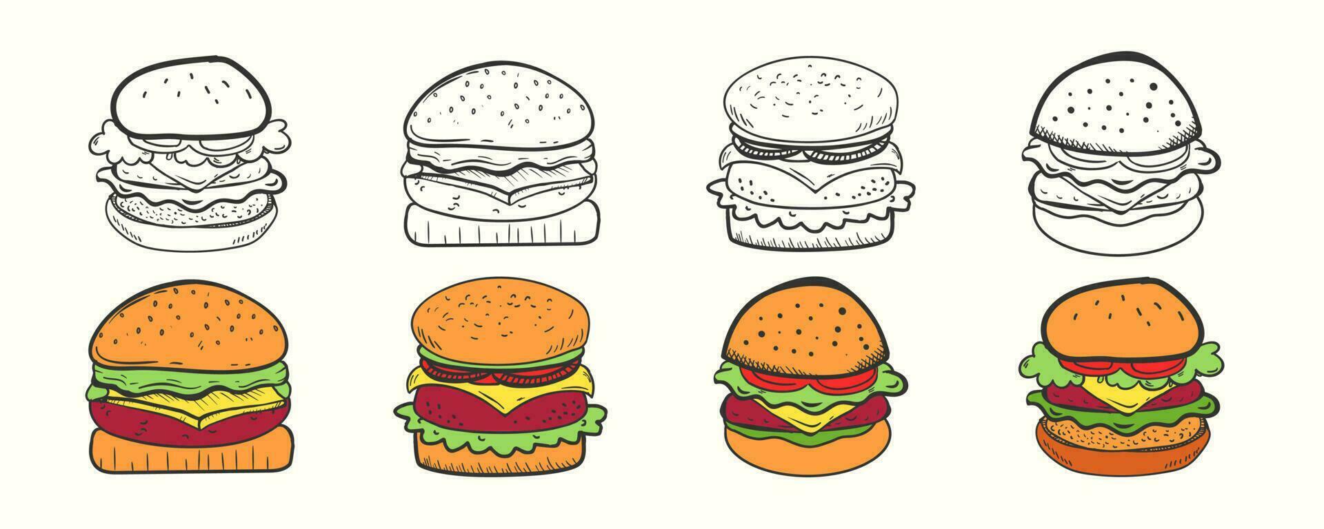 Hand drawn cartoon styled burgers vector illustration set